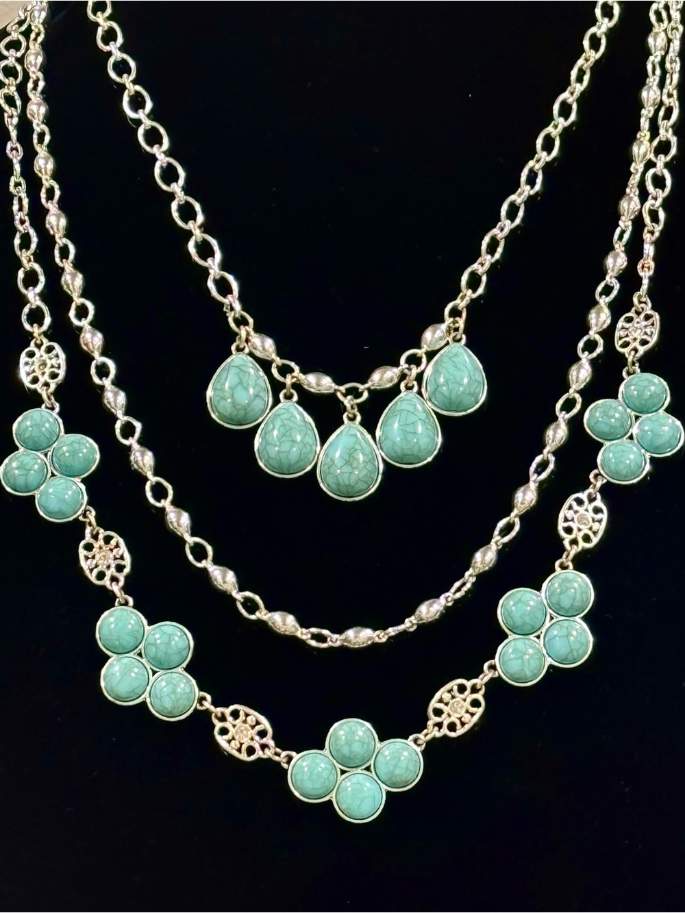 Premier Silvertone Faux Turquoise 3 Strand Necklace
